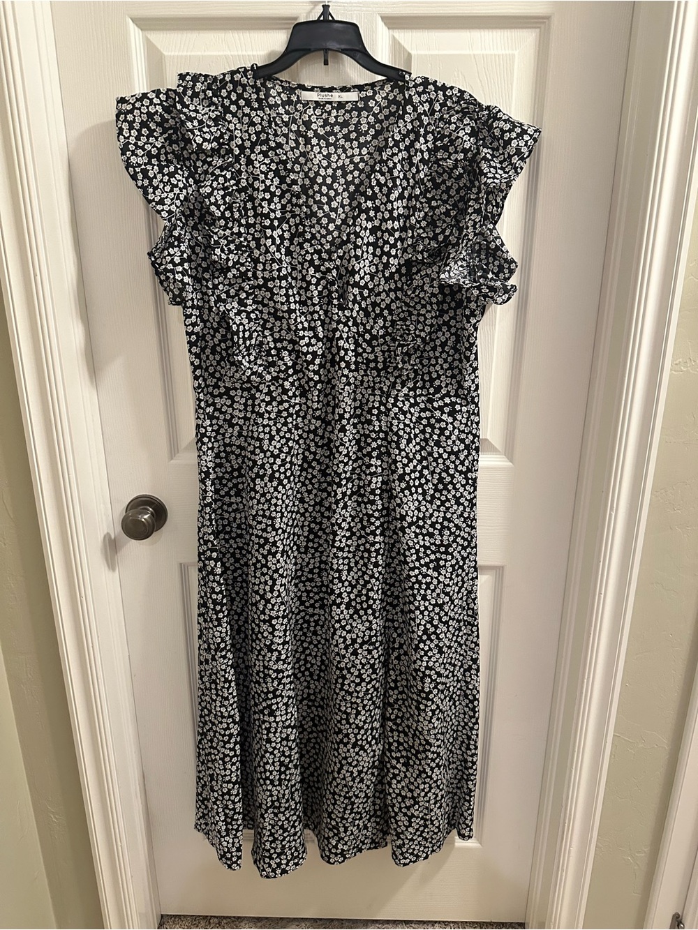 Plushe Black and White Floral Ruffle Midi Dress